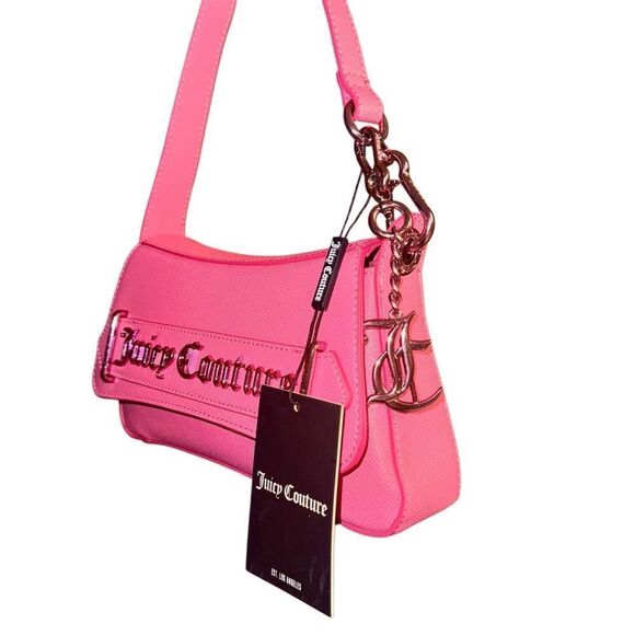 Juicy Couture Hot Pink Faux Leather Jasmine Flap Hobo Bag w/ Metallic Mini Pouch - Picture 4 of 16